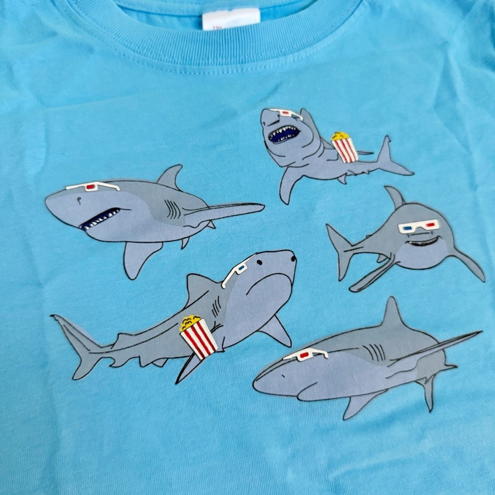 HANNA ANDERSSON 3D GLASSES POPCORN MOVIE WATCHING SHARKS BLUE COTTON TEE SHIRT - Picture 2 of 7